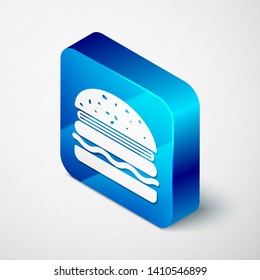 Isometric Burger icon isolated on white background. Hamburger icon. Cheeseburger sandwich sign. Blue square button. Vector Illustration