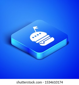 Isometric Burger icon isolated on blue background. Hamburger icon. Cheeseburger sandwich sign. Fast food menu. Blue square button. Vector Illustration