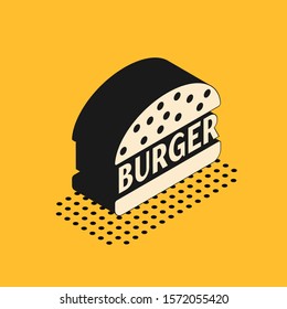 Isometric Burger icon isolated on yellow background. Hamburger icon. Cheeseburger sandwich sign.  Vector Illustration