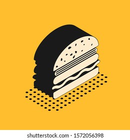 Isometric Burger icon isolated on yellow background. Hamburger icon. Cheeseburger sandwich sign.  Vector Illustration