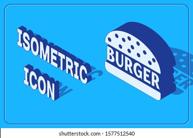 Isometric Burger icon isolated on blue background. Hamburger icon. Cheeseburger sandwich sign.  Vector Illustration