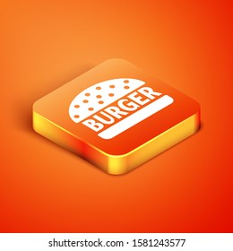 Isometric Burger icon isolated on orange background. Hamburger icon. Cheeseburger sandwich sign.  Vector Illustration