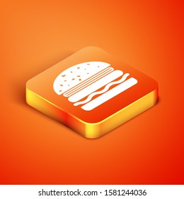 Isometric Burger icon isolated on orange background. Hamburger icon. Cheeseburger sandwich sign.  Vector Illustration