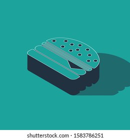 Isometric Burger icon isolated on green background. Hamburger icon. Cheeseburger sandwich sign.  Vector Illustration
