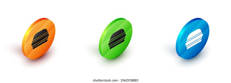 Isometric Burger icon isolated on white background. Hamburger icon. Cheeseburger sandwich sign. Fast food menu. Circle button. Vector