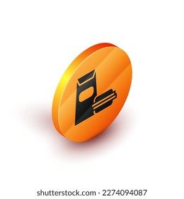 Isometric Burger icon isolated on white background. Hamburger icon. Cheeseburger sandwich sign. Fast food menu. Orange circle button. Vector