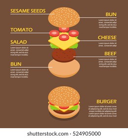 Isometric of Burger ingredients infographic. Vector illustration