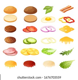 Isometric burger sandwich constructor vector illustration. 3d cartoon food menu ingredients for hamburger, product sandwich maker. Bread, salad, meat and bacon, cheese snack icon set isolated on white