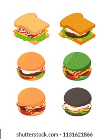 Isometric burgers and sandwich. Fast food pictures set of hamburger and cheeseburger. Vector illustration