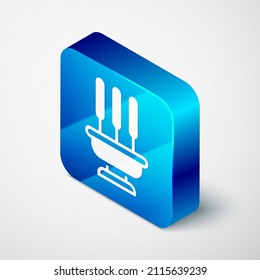 Isometric Burning aromatic incense sticks icon isolated on grey background. Blue square button. Vector