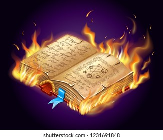 Isometric burning book of magic spells and witchcraft for computer game in cartoon style. Vector illustration.