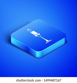 Isometric Burning candle in candlestick icon isolated on blue background. Old fashioned lit candle. Cylindrical candle stick with burning flame. Blue square button. Vector Illustration