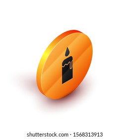 Isometric Burning candle in candlestick icon isolated on white background. Cylindrical candle stick with burning flame. Orange circle button. Vector Illustration
