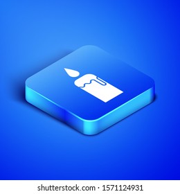 Isometric Burning candle in candlestick icon isolated on blue background. Cylindrical candle stick with burning flame. Blue square button. Vector Illustration