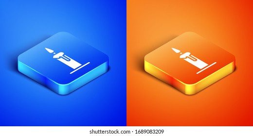 Isometric Burning candle in candlestick icon isolated on blue and orange background. Cylindrical candle stick with burning flame. Square button. Vector Illustration