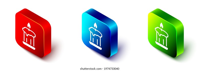 Isometric Burning candle in candlestick icon isolated on white background. Old fashioned lit candle. Cylindrical candle stick with burning flame. Red, blue and green square button. Vector