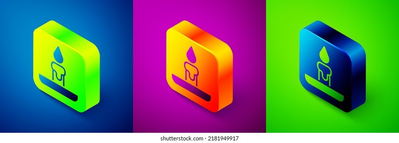 Isometric Burning candle in candlestick icon isolated on blue, purple and green background. Cylindrical candle stick with burning flame. Square button. Vector