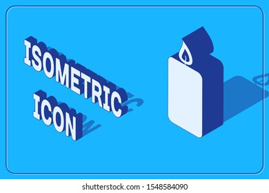 Isometric Burning candle icon isolated on blue background. Old fashioned lit candle. Cylindrical aromatic candle stick with burning flame.  Vector Illustration