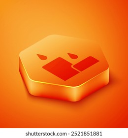 Isometric Burning candle icon isolated on orange background. Cylindrical candle stick with burning flame. Orange hexagon button. Vector Illustration