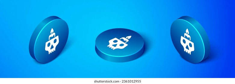 Isometric Burning candle on a skull icon isolated on blue background. Day of dead. Blue circle button. Vector