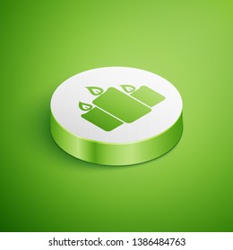 Isometric Burning candles icon isolated on green background. Old fashioned lit candles. Cylindrical aromatic candle sticks with burning flames. White circle button. Vector Illustration