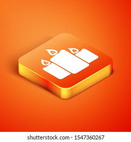 Isometric Burning candles icon isolated on orange background. Old fashioned lit candles. Cylindrical aromatic candle sticks with burning flames.  Vector Illustration
