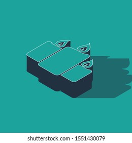 Isometric Burning candles icon isolated on green background. Old fashioned lit candles. Cylindrical aromatic candle sticks with burning flames.  Vector Illustration
