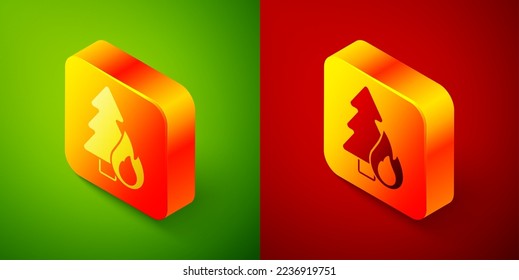 Isometric Burning forest trees in fire flames icon isolated on green and red background. Natural disaster concept. Square button. Vector