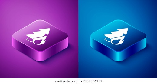 Isometric Burning forest trees in fire flames icon isolated on blue and purple background. Natural disaster concept. Square button. Vector