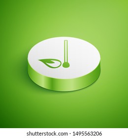 Isometric Burning match with fire icon isolated on green background. Match with fire. Matches sign. White circle button. Vector Illustration