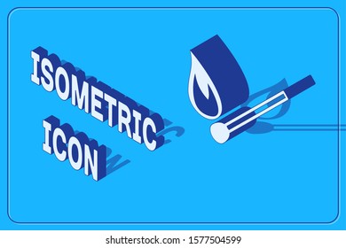 Isometric Burning match with fire icon isolated on blue background. Match with fire. Matches sign.  Vector Illustration