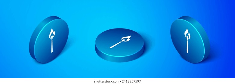 Isometric Burning match with fire icon isolated on blue background. Match with fire. Matches sign. Blue circle button. Vector