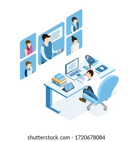 Isometric burnout concept, young man sitting at the table, businessman or student burning brain form work or study.