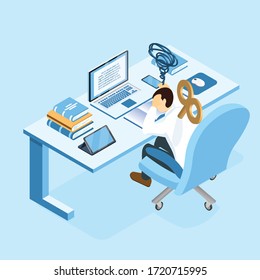 Isometric burnout concept, young man sitting at the table with wind-up key on back and feeling low energy, businessman or student burning brain form work or study.