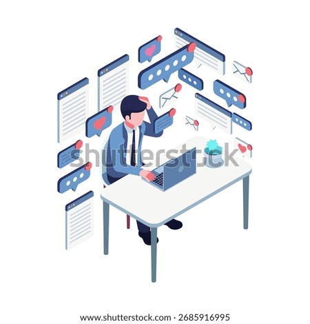 Isometric Burnout Worker Overwhelmed by Online Notifications and Digital Overload at Desk. Digital Overload and Burnout Concept
