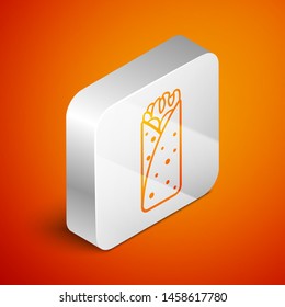 Isometric Burrito icon isolated on orange background. Traditional mexican fast food. Silver square button. Vector Illustration