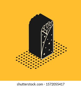 Isometric Burrito icon isolated on yellow background. Traditional mexican fast food.  Vector Illustration
