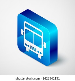 Isometric Bus icon isolated on white background. Transportation concept. Bus tour transport sign. Tourism or public vehicle symbol. Blue square button. Vector Illustration