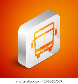 Isometric Bus icon isolated on orange background. Transportation concept. Bus tour transport sign. Tourism or public vehicle symbol. Silver square button. Vector Illustration