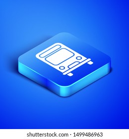 Isometric Bus icon isolated on blue background. Transportation concept. Bus tour transport sign. Tourism or public vehicle symbol. Blue square button. Vector Illustration