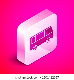 Isometric Bus icon isolated on pink background. Transportation concept. Bus tour transport sign. Tourism or public vehicle symbol. Silver square button. Vector Illustration