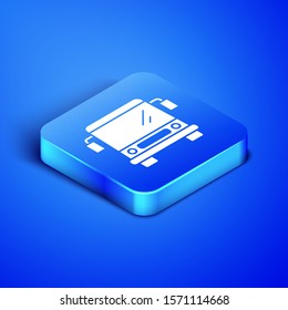 Isometric Bus icon isolated on blue background. Transportation concept. Bus tour transport sign. Tourism or public vehicle symbol. Blue square button. Vector Illustration