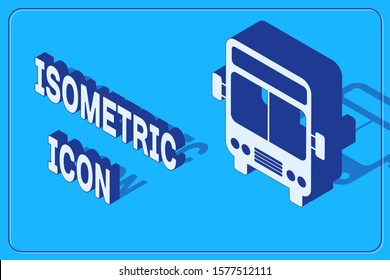 Isometric Bus icon isolated on blue background. Transportation concept. Bus tour transport sign. Tourism or public vehicle symbol.  Vector Illustration