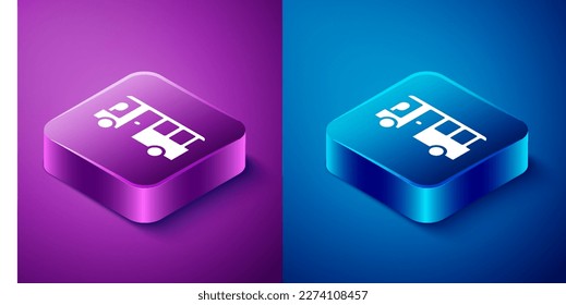 Isometric Bus icon isolated on blue and purple background. Transportation concept. Bus tour transport sign. Tourism or public vehicle symbol. Square button. Vector