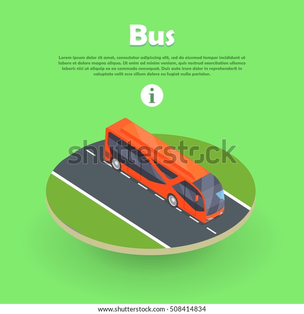 Isometric bus on part of road web banner. Public\
transportation bus icon. Isolated isometric bus. Scheduled bus\
transport, scheduled coach transport, school transport. Modern 3d\
tour bus. Vector