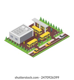 Isometric bus station illustrated on white background