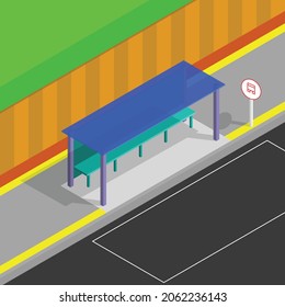 Isometric bus stop in the countryside with a green field behind it. Flat design vector illustration.