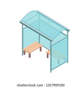 Isometric bus stop in flat 3D style isolated on white background. Concept vector illustration.