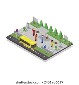 Isometric bus stop illustrated on white background