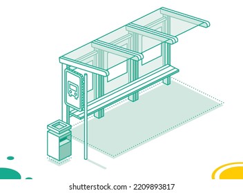 Isometric Bus Stop. Outline Concept Isolated on White. Vector Illustration.